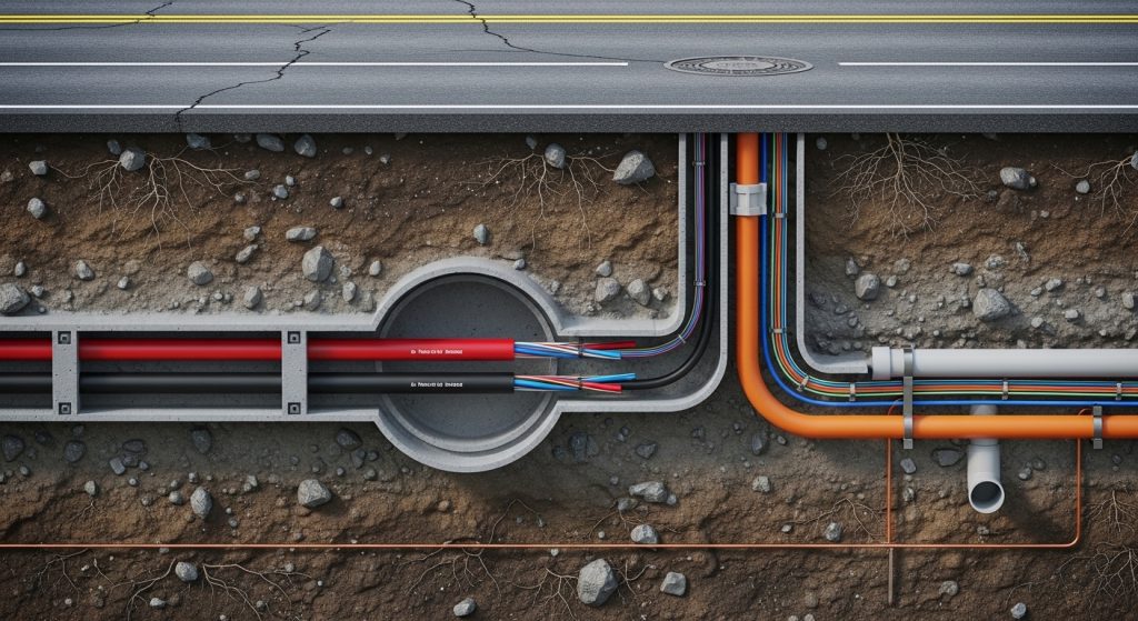 Cross-section view of underground pipes, featuring various colored cables and soil layers.