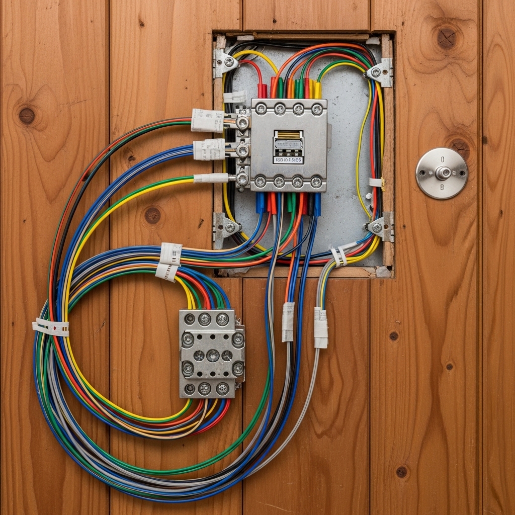 Electrical wiring with colorful cables connected to a metal junction box on a wooden wall.
