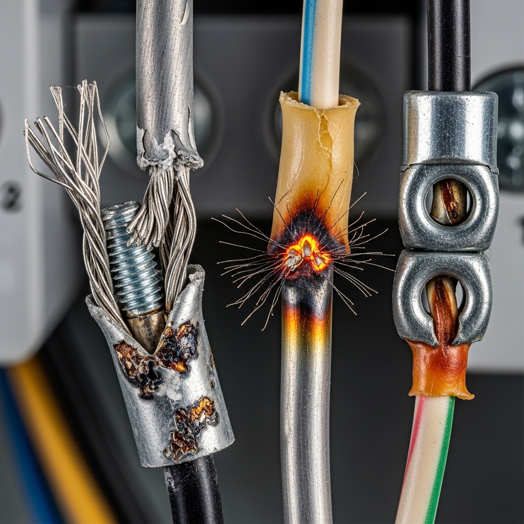 Damaged electrical wires showing frayed metal, heat discoloration, and exposed connections.
